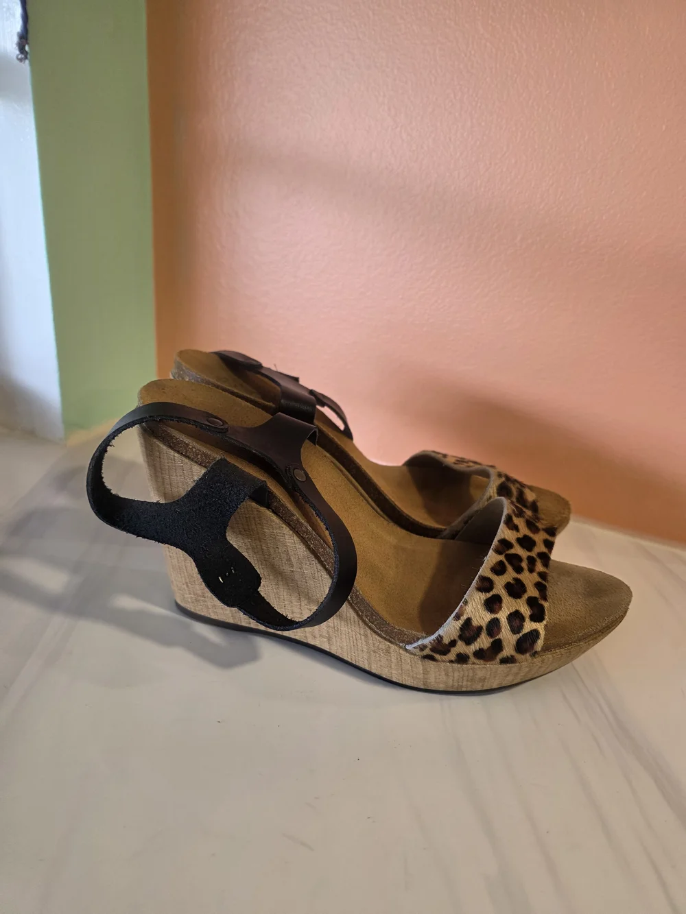 Leopard Print Wedge Sandals Biostep 9 Black Ankle Strap Boho Babe Summer